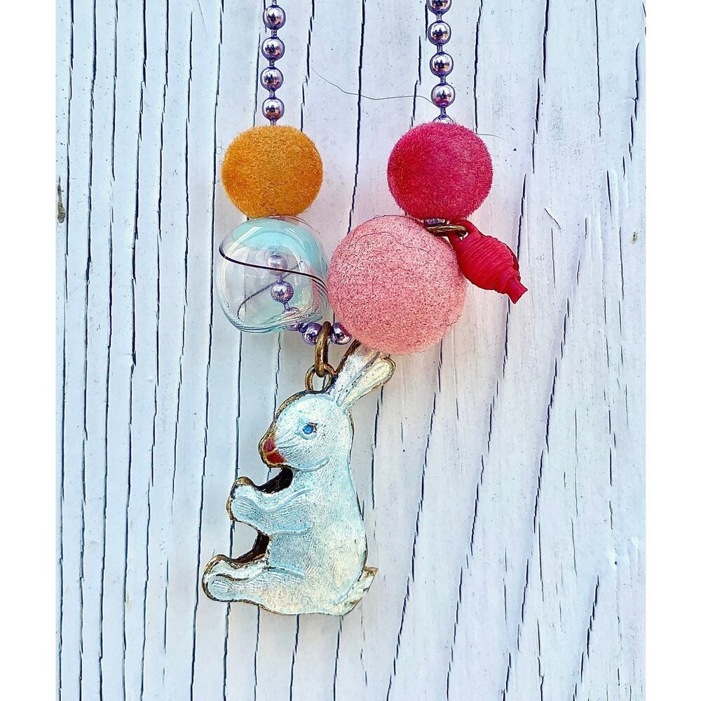 Ball Chain Charm Necklace,Fuzzy beads, Murano glass, Vtg. Enamel Bunny, plus